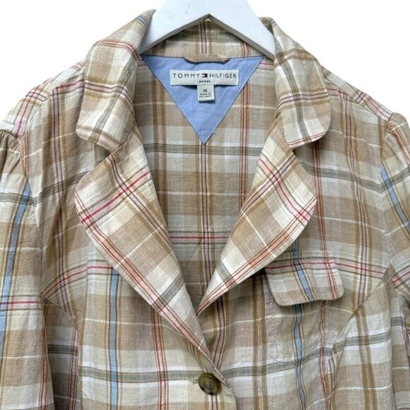 TOMMY HILFIGER Linen Jacket Size 14 Womens Plaid Blazer Beige Metallic Gold - Picture 3 of 9
